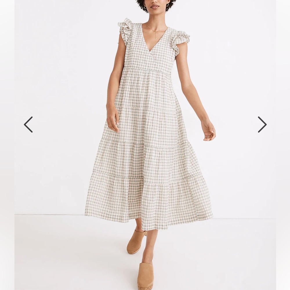 MADEWELL Gingham Seersucker Ruffle-Sleeve Tiered Midi Dress Size large prairie